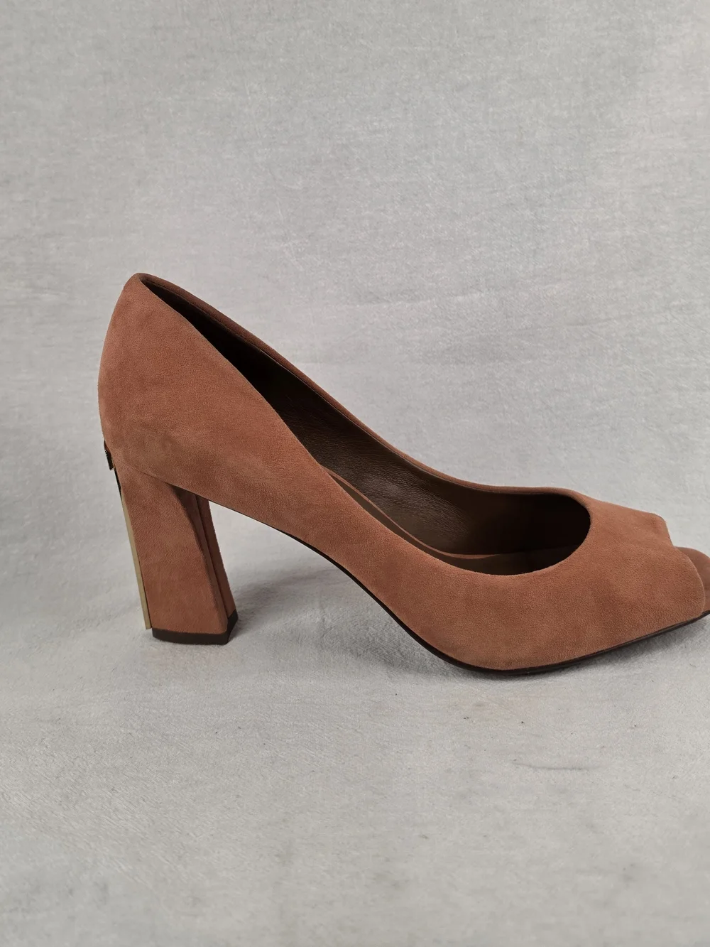 Tory Burch Tan Suede T-Heel Peep-Toe Pumps Gold Architectural Heel 9.5M